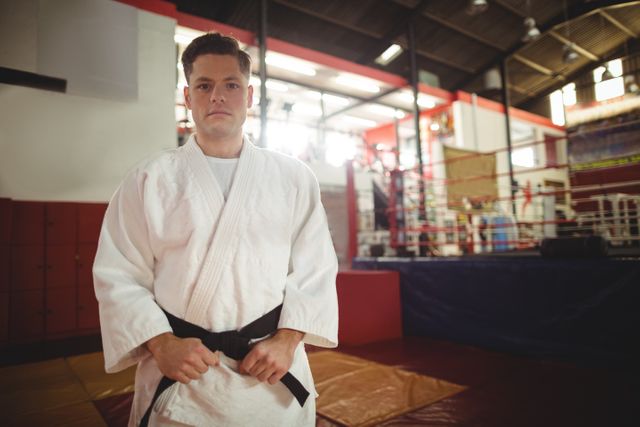 Karate player wearing a white gi and black belt standing in a fitness studio. Ideal for use in articles about martial arts training, self-defense techniques, fitness routines, and sports discipline. Suitable for promoting martial arts schools, fitness centers, and sportswear brands.