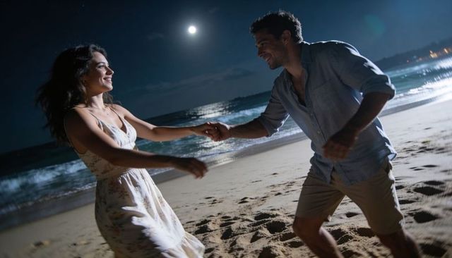 Couple holding hands dancing on moonlit beach at night under full moon glow romantic walk