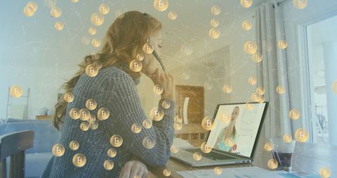 Businesswoman with laptop discussing cryptocurrency innovation