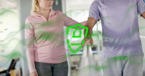 Therapist guiding patient walking along parallel bars with green digital balance overlay