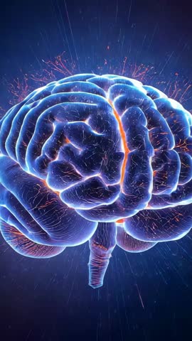 Rotating Brain Model Visualizing Neural Pathways in Futuristic Blue Vertical Video