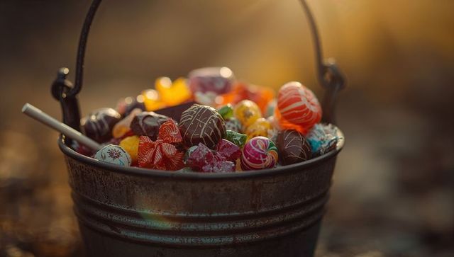 Festive Metal Bucket with Wrapped Candies in Sunlight Background
