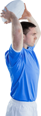 Frustrated Rugby Player Holding Ball Overhead on Transparent Background