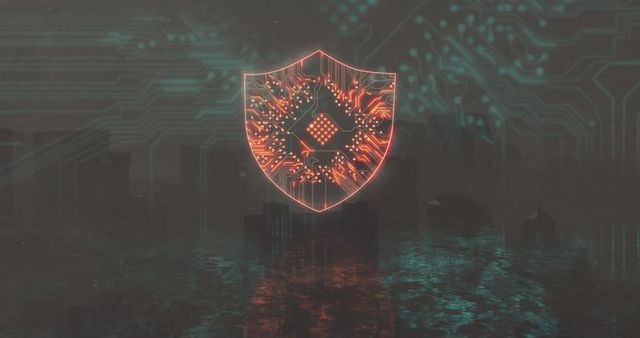 Futuristic Circuit Shield Symbol Above Cybernetic Cityscape