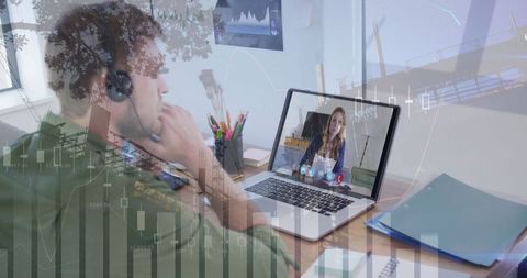 Virtual Communication on Laptop with Financial Data Interface - Download Free Stock Images Pikwizard.com