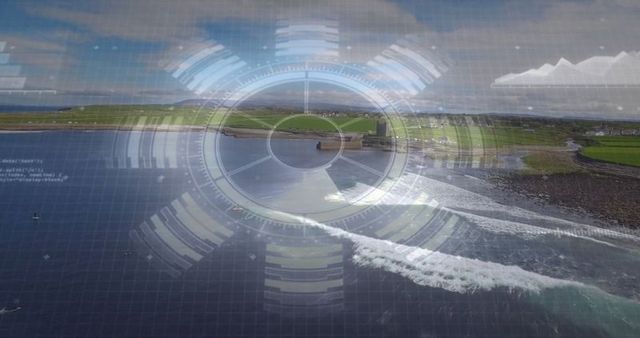 Drone view over coastal farmland with castle ruins and speedboat