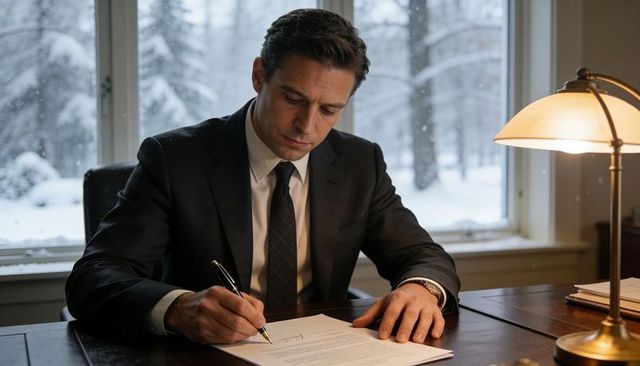 Corporate executive signing contract at wooden desk with snowy window background