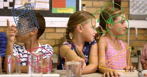 Elementary Students Conducting Hands-On Science Experiments at Lab Counter with Math Doodles Overlay