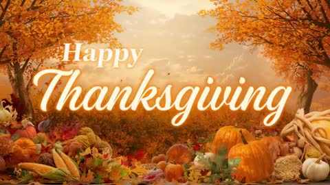 Glowing Happy Thanksgiving Text Over Autumn Harvest Field With Drifting Leaves