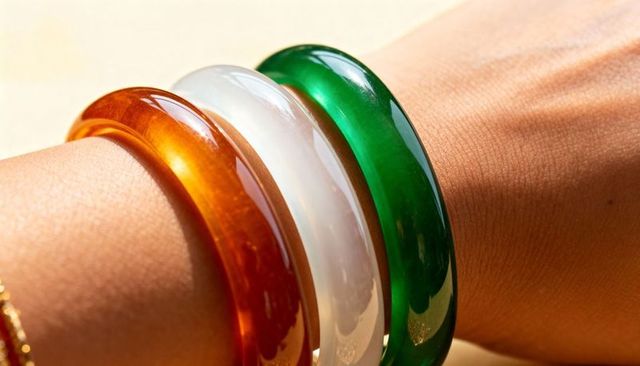 Tri-color jade bangle stack on wrist amber white green glossy jewelry close-up