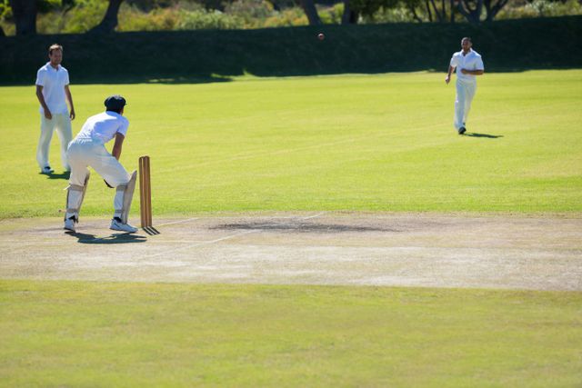 Cricket players engaging in a match on a sunny day at a grassy field. Ideal for use in sports-related content, articles on cricket, outdoor activities, summer sports, and teamwork. Suitable for promoting cricket events, sportswear, and recreational activities.