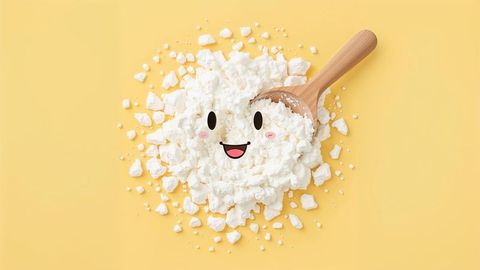 Cheerful cottage cheese face with wooden spoon on yellow background