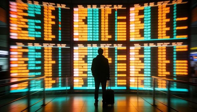 Traveler silhouette standing facing illuminated flight information board in airport terminal