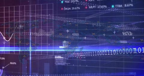 Futuristic digital hud highlighting binary stream and global geospatial data visualization