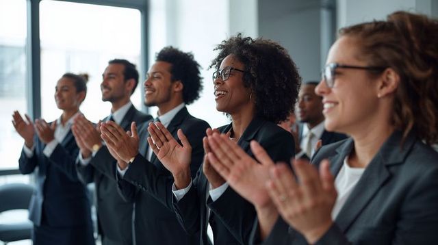 Diverse business team applauding during corporate presentation in sunlit modern boardroom