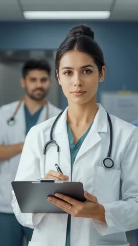 Vertical hospital video featuring female doctor documenting patient case on clipboard with team