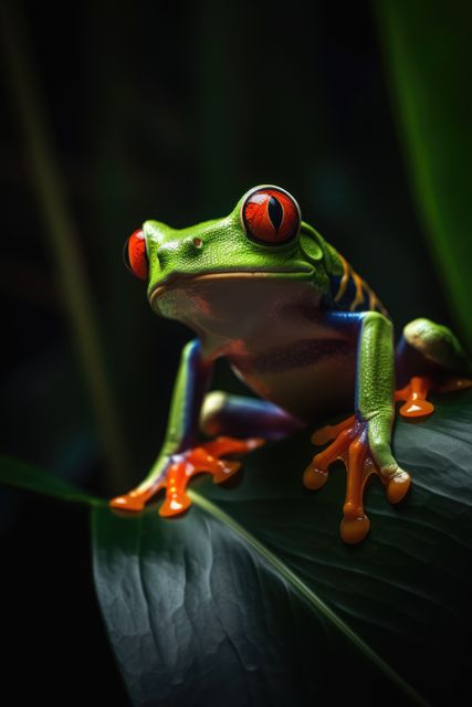 A vibrant red-eyed tree frog with striking colors perched on a lush green leaf in a tropical rainforest. The amphibian's bright orange legs and vivid green body stand out. Ideal for use in educational materials about wildlife, nature-themed artwork, or travel-related content emphasizing biodiversity.