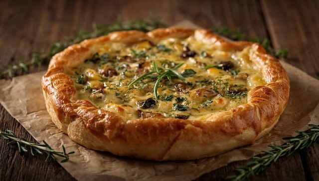 Rustic mushroom and cheese tart with golden puff crust, bubbling melted cheese, fresh rosemary