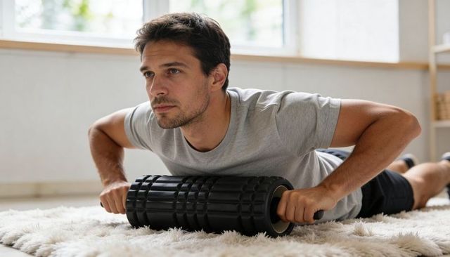 Man using textured foam roller on shag rug for muscle recovery and mobility