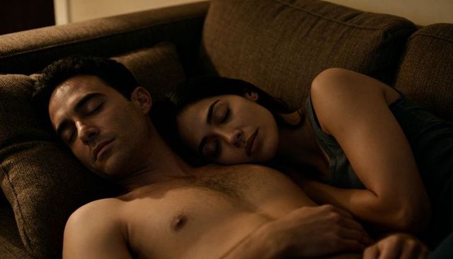 Intimate couple sleeping on sofa, woman resting on bare-chested partner, cozy moody closeup