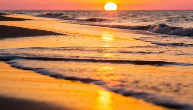 Sunset casting golden reflections on wet beach with gentle surf foam