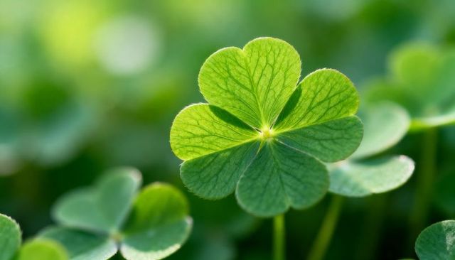 Glowing four-leaf clover backlit revealing translucent veins and soft green bokeh