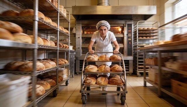 Female Baker Pushing Rack of Fresh Artisan Loaves in Commercial Bakery Production