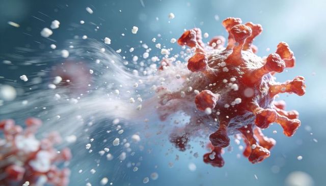 Ejecting viral particle spraying droplets with red spike proteins microscopic aerosol