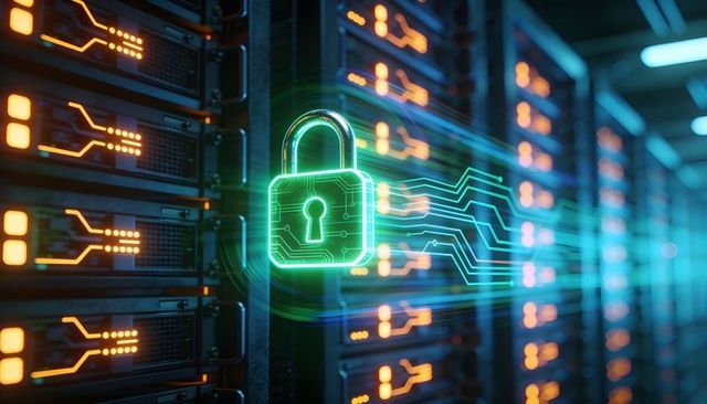 Neon green holographic padlock securing server racks, digital encryption and network protection
