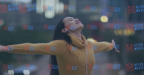 Woman Relishing Music With Retro Feel in City Lights Background