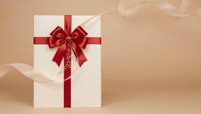 White Gift Box with Red Satin Bow and Flowing Cream Ribbon on Beige Background
