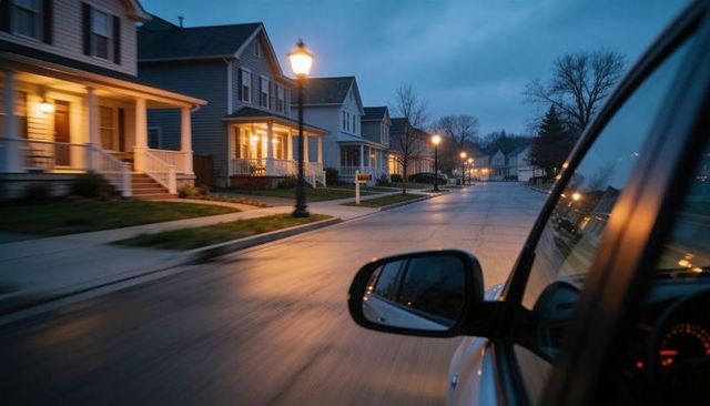 Driving past suburban porches at dusk with side mirror reflecting wet lamppost lights
