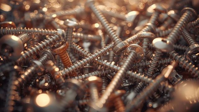 Detailed Arrangement of Stainless Steel Screws on Workshop Bench