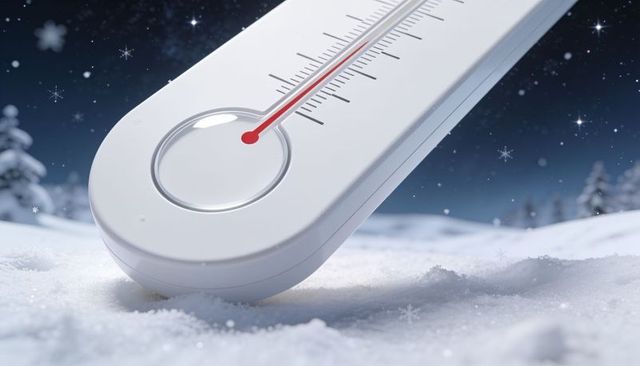 Giant white thermometer in snow showing low temperature red column at night with snowflakes