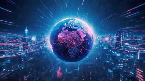 Digital Global Networks Connecting Futuristic CityScape