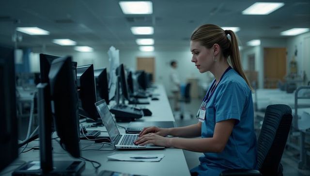 Night-shift nurse typing on laptop at clinical workstation with monitors and stethoscope