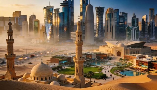Desert skyline blending historic mosque domes and minarets with modern skyscrapers