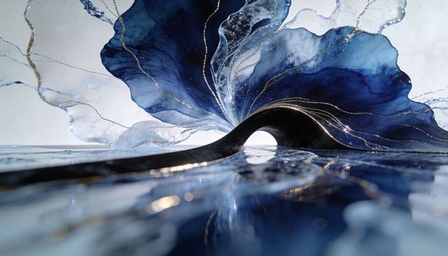 Cerulean petal sculpture with gold veins arching over glossy reflective plane