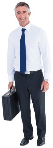 Businessman in formal wear smiling with briefcase on transparent background