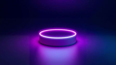 Glowing Neon Ring Pedestal Illuminating Purple Blue Minimalist Futuristic Display Stage