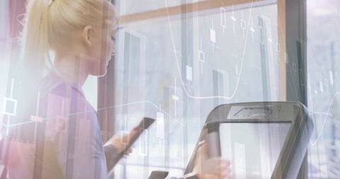 Young Woman on Treadmill With Financial Charts, Multitasking Innovation