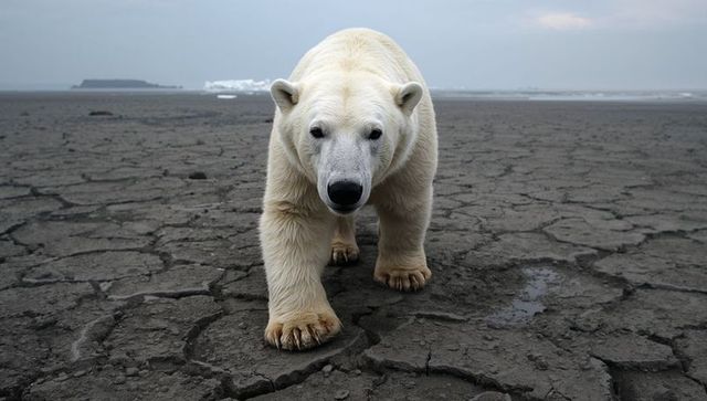 Polar Bear Crossing Dry Arctic Shoreline, Ice Floe in Distance