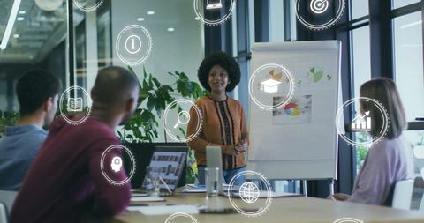 Businesswoman Leading Presentation on Data Metrics in Modern Office