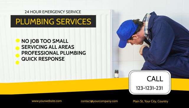 Plumber working on a radiator represents professionalism and quick response. Space for contact information makes this ideal for promotional materials like business cards or flyers for plumbing services. Use for advertising reliability in plumbing and emergency services.