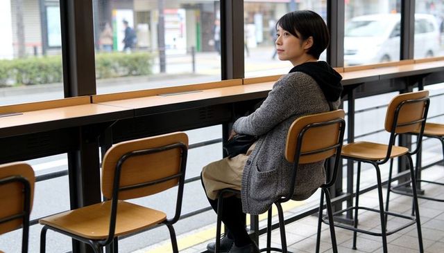 Asian woman sitting at cafe counter holding black bag gazing out window urban street view