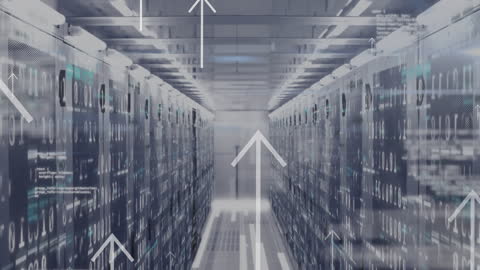 Futuristic Data Center with Floating Tech Icons