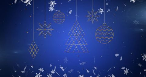 Christmas Ornaments and Snowflakes on Blue Background