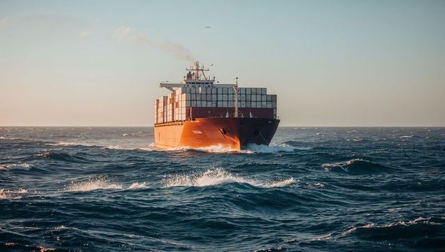 Container ship heading through choppy ocean at golden hour with stacked containers