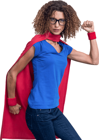Playful woman in red cape pretending to be transparent superhero