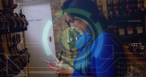 Woman writing notepad in craft taproom with augmented reality hud overlay, retail tech concept